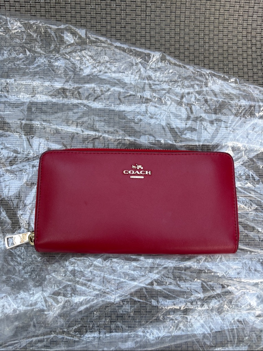 Coach Cherry Red Leather Zip Wallet with Gold Logo sold as is